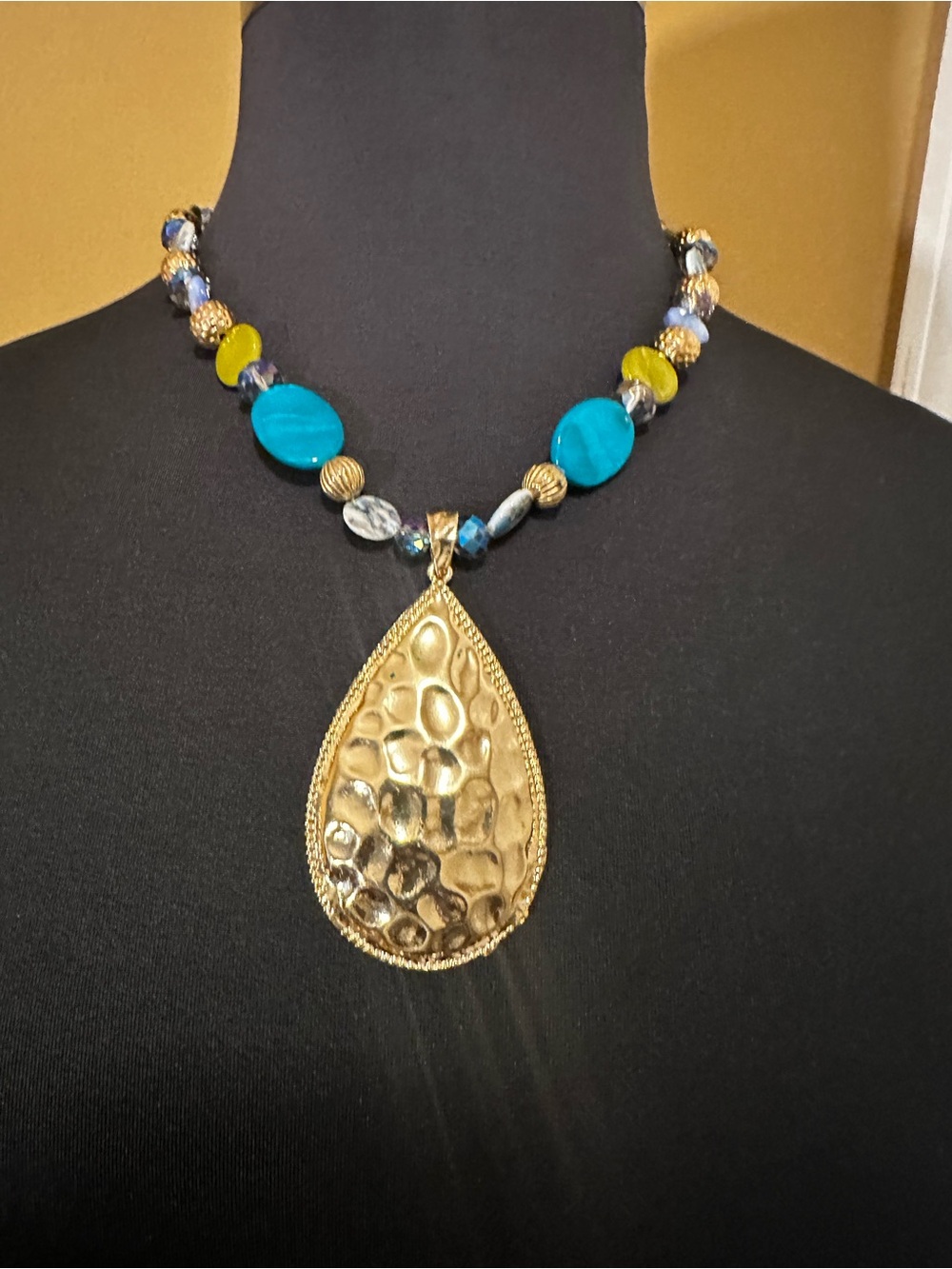 Gold Tone Vintage Jules Teardrop Pendant Beaded Necklace - Turquoise & Yellow